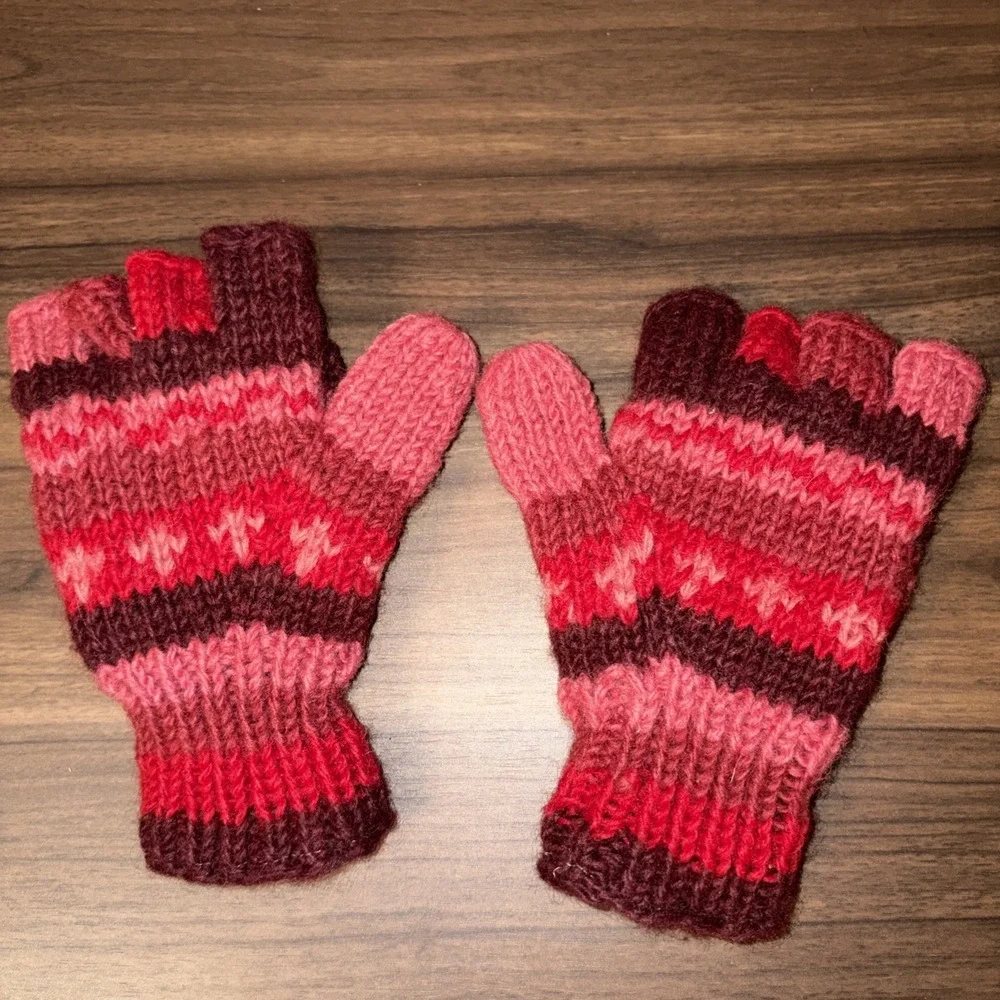 Made In Nepal Wool Fleece Lined Fingerless Gloves Convertible Mittens Red Pink